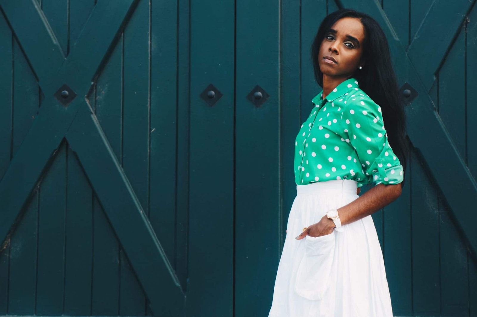 Woman Wearing Green Polka-dot Long-sleeved Dress